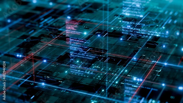 Fototapeta Abstract futuristic data network with programming code, concept of neural network, cloud computing, big data, digital data processing, ai, software development (3d render)