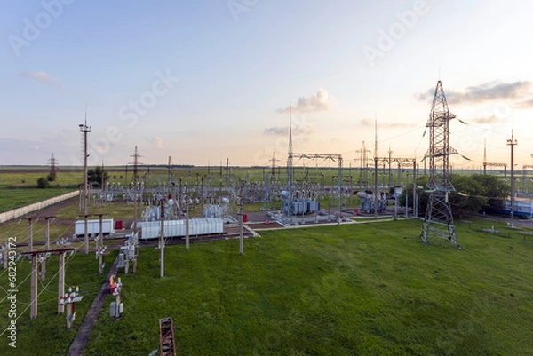 Fototapeta Top view of a high voltage substation with switches and disconnectors.