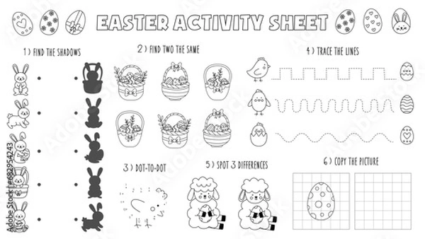 Obraz Vector Easter place mat for kids. Winter activity sheet. Black and white Easter worksheet.