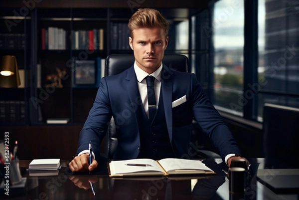 Obraz Portrait of a male leader in an office room at a table, businessman at work, successful and confident male entrepreneur in a business suit