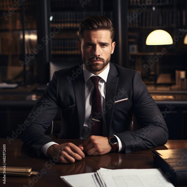 Fototapeta Portrait of a male leader in an office room at a table, businessman at work, successful and confident male entrepreneur in a business suit