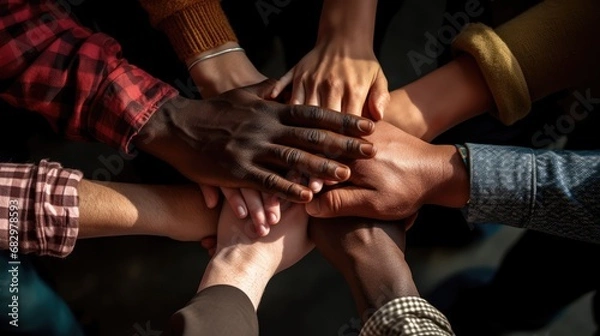 Fototapeta Diverse hands come together in unity, symbolizing teamwork and solidarity. A powerful image of cooperation and mutual support among individuals of different backgrounds.Ai generated