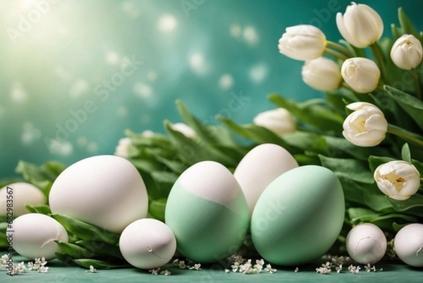 Fototapeta easter decoration. eggs and white tulip flowers on green background. copy space. ai generative