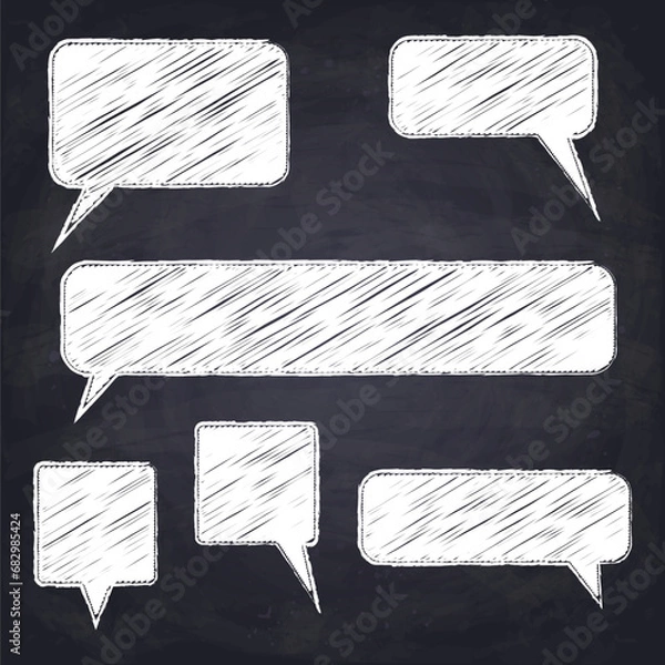 Obraz Set of hand drawn speech and thinking bubbles. Different emotional chat boxes. Chalk drawn talk balloons. Chalkboard background. Vector Illustration