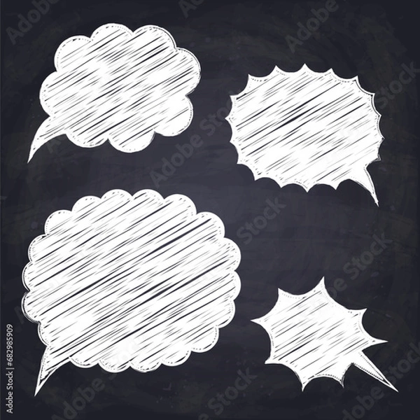 Obraz Set of hand drawn speech bubbles. Different emotional chat boxes. Chalk drawn talk balloons. Chalkboard background. Vector Illustration.	