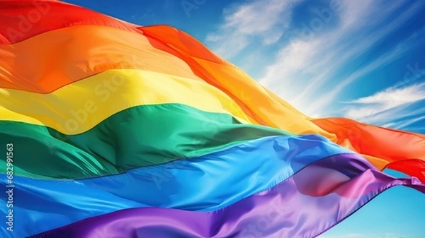 Obraz close up view of a rainbow flag floating in a clear blue sky AI generated