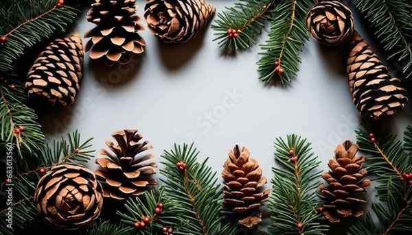 Fototapeta overhead view on spuce and thuja branches with cones, Christmas background