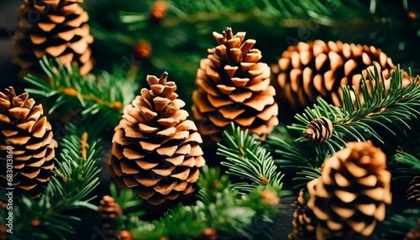 Fototapeta overhead view on spuce and thuja branches with cones, Christmas background