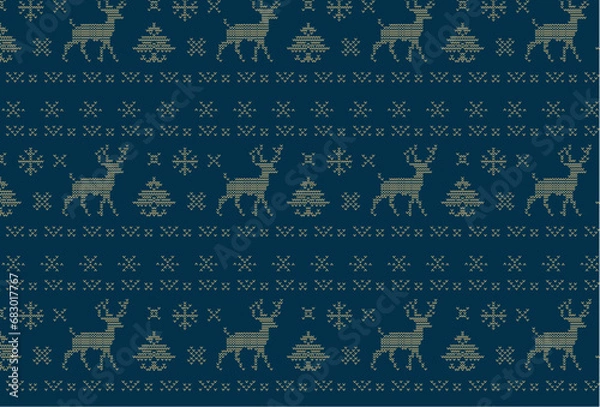 Fototapeta Seamless Pattern of Winter Holiday Theme With Knitted Reindeer, Deer, Holiday Christmas Tree, Snowflake Design, Wallpaper, Elegant Ugly Christmas Sweater Pattern