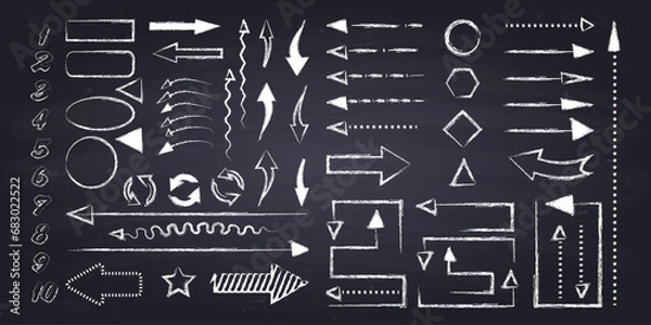 Obraz Set of different chalk arrows, numbers, geometric figures and other symbols. Hand drawn illustration. Chalkboard background.