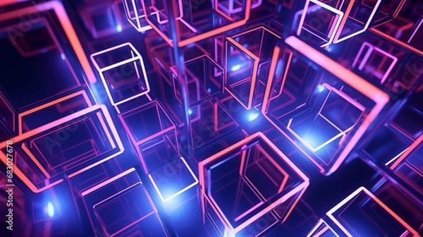 Fototapeta 3D Rendered Neon Glow Abstract Backgrounds: Magenta Tones, Dynamic Ribbons, Virtual Clouds & Glowing Geometric Shapes in Dark Settings for Futuristic, Energy-Themed Wallpapers - generativ ai