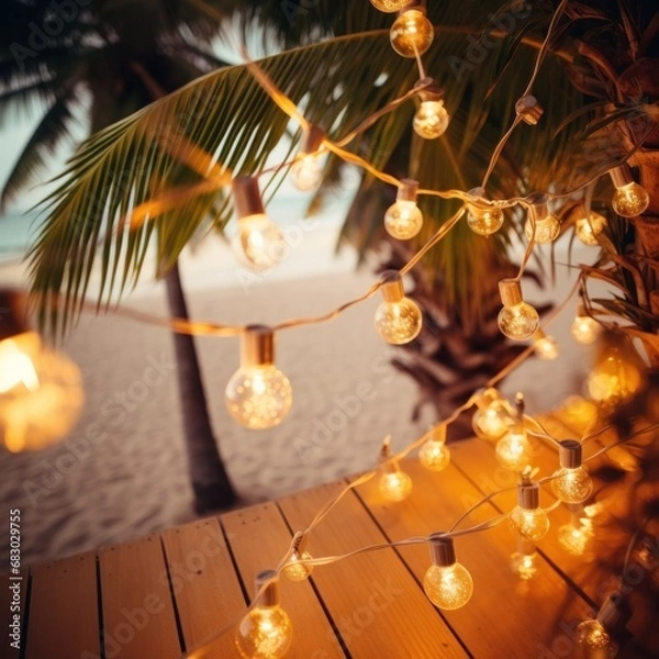 Obraz beach party with palm trees and light bulb garlands.