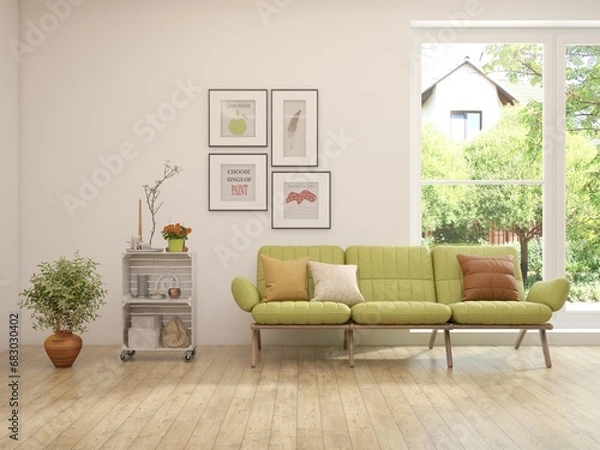 Fototapeta Modern interior concept with sofa and summer landscape in window. 3D illustration