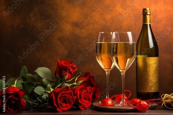 Fototapeta High-Quality Valentine's Day Background with Champagne Glasses and Red Roses - Created with generative AI tools