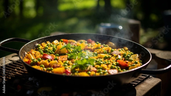 Fototapeta frying pan with vegetable paella. ai generative