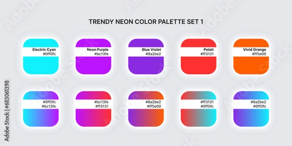 Fototapeta Fashion bright neon color trend pallete. Colour palette with different shades and gradient. Neomorphism square on grey background. Paint palette mock up. Vector illustration