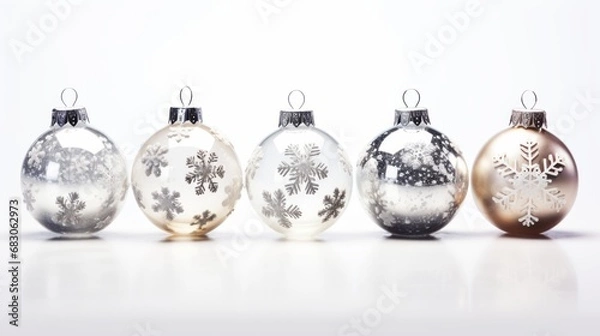 Fototapeta Christmas baubles with snow and snowflakes
