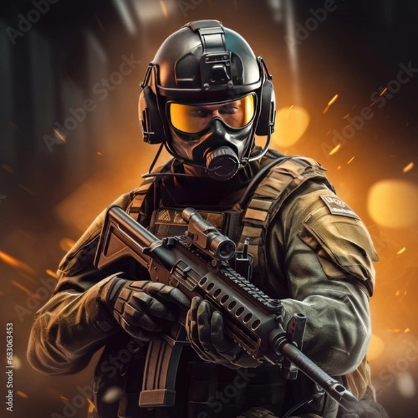 Fototapeta Army Soldier Wearing Protective Helmet and Holding Weapon
