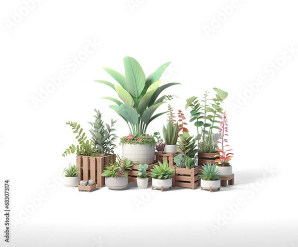 Fototapeta plants in pots and boxes with isolated background