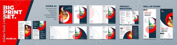 Fototapeta Business Brochure Cover Flyer Tri Fold Annual Report Catalog Roll Up Banner Corporate Identity Print Template Set with Red Branding design Business Stationery background design collection. Vector