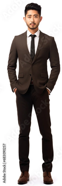 Fototapeta full body view of young asian male man with beard wearing business suit . white background . generative ai
