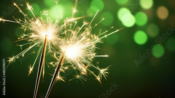 Fototapeta Close-up of sparklers emitting bright sparks on bokeh green background.  New Year's Eve celebration.  Fireworks with copyspace.