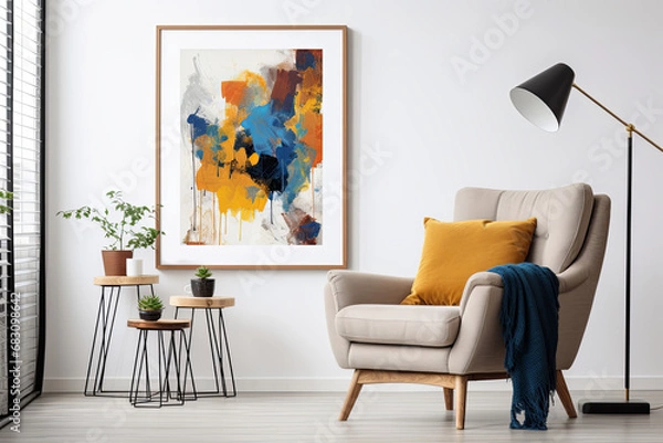 Fototapeta Living room interior with armchair, coffee table, lamp and a painting on the wall. 3d render