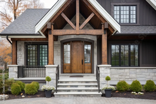 Fototapeta The front door of a wooden house with white flowers in pots.