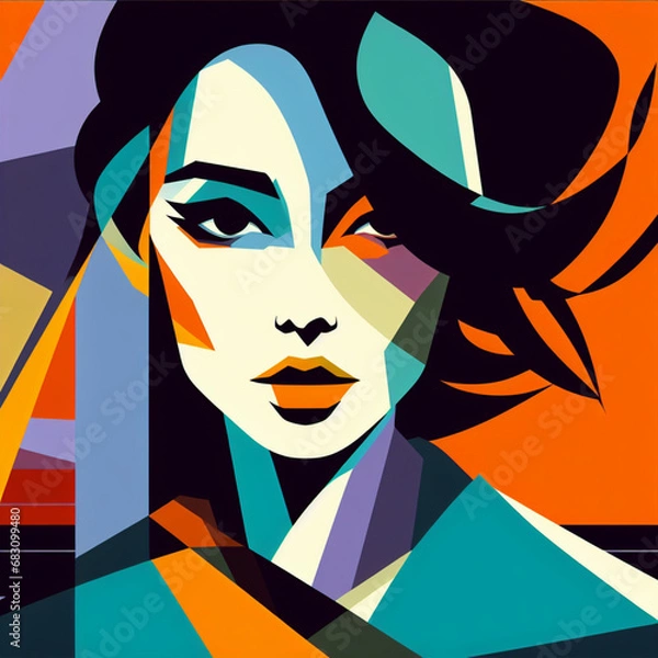 Fototapeta fashion girl,close-up,flat illustration, geometric shapes, look into camera,colorful niji5-- style expressive