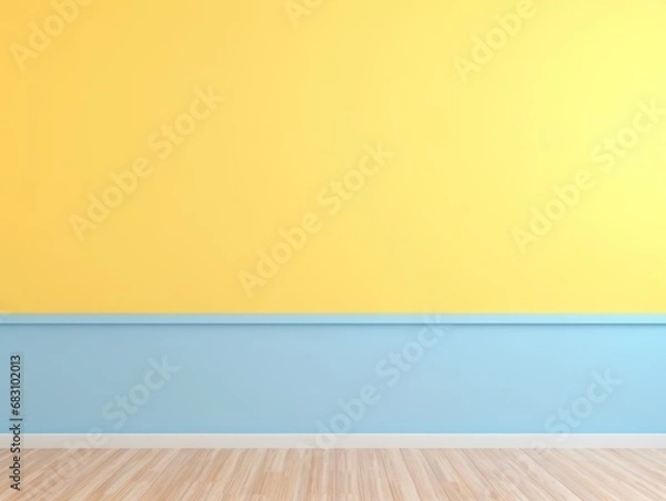 Fototapeta Yellow and blue color classic wall background with copy space. Parquet floor. Mock up room.