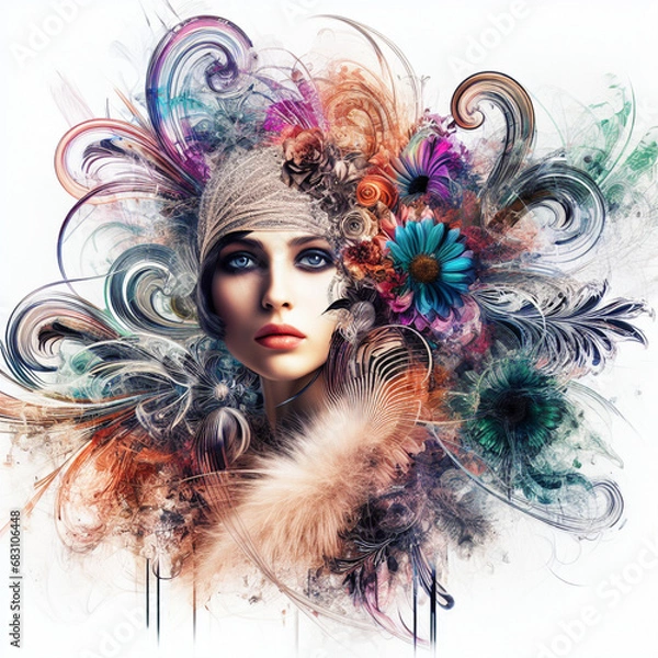 Fototapeta Abstract fantasy illustration featuring a close up portrait of striking 1920's Gatsby girl, pheasant cloche, fur stole, inspired by [Rolf Armstrong, Margaret Keane, Paul Poiret], enveloped in colorful