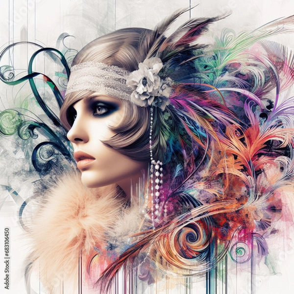 Fototapeta Abstract fantasy illustration featuring a close up portrait of striking 1920's Gatsby girl, pheasant cloche, fur stole, inspired by [Rolf Armstrong, Margaret Keane, Paul Poiret], enveloped in colorful