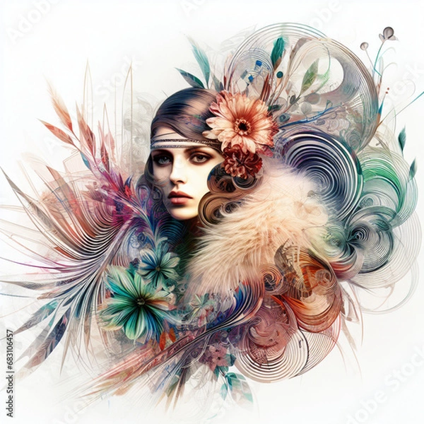 Fototapeta Abstract fantasy illustration featuring a close up portrait of striking 1920's Gatsby girl, pheasant cloche, fur stole, inspired by [Rolf Armstrong, Margaret Keane, Paul Poiret], enveloped in colorful