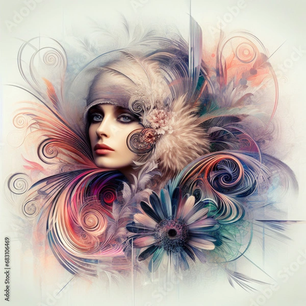 Fototapeta Abstract fantasy illustration featuring a close up portrait of striking 1920's Gatsby girl, pheasant cloche, fur stole, inspired by [Rolf Armstrong, Margaret Keane, Paul Poiret], enveloped in colorful