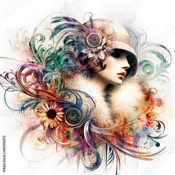 Fototapeta Abstract fantasy illustration featuring a close up portrait of striking 1920's Gatsby girl, pheasant cloche, fur stole, inspired by [Rolf Armstrong, Margaret Keane, Paul Poiret], enveloped in colorful