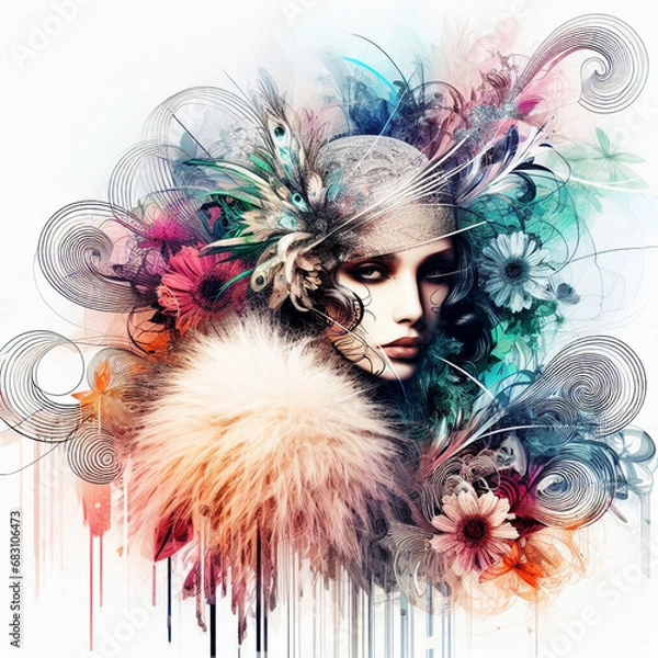 Fototapeta Abstract fantasy illustration featuring a close up portrait of striking 1920's Gatsby girl, pheasant cloche, fur stole, inspired by [Rolf Armstrong, Margaret Keane, Paul Poiret], enveloped in colorful