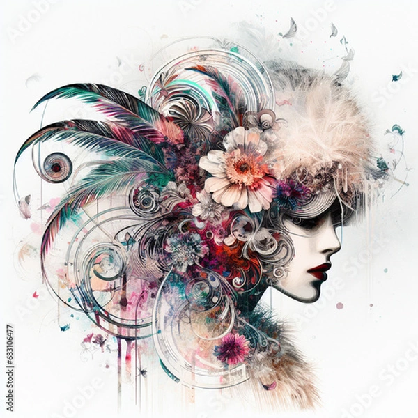 Fototapeta Abstract fantasy illustration featuring a close up portrait of striking 1920's Gatsby girl, pheasant cloche, fur stole, inspired by [Rolf Armstrong, Margaret Keane, Paul Poiret], enveloped in colorful