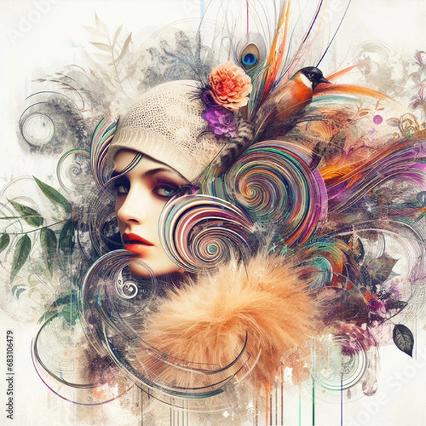 Fototapeta Abstract fantasy illustration featuring a close up portrait of striking 1920's Gatsby girl, pheasant cloche, fur stole, inspired by [Rolf Armstrong, Margaret Keane, Paul Poiret], enveloped in colorful
