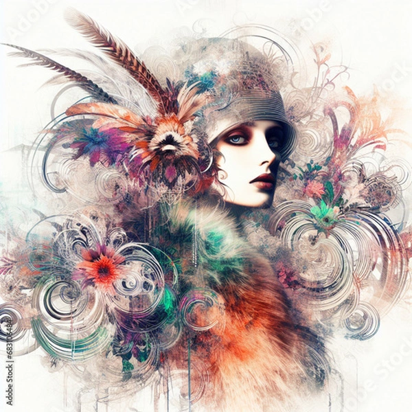 Fototapeta Abstract fantasy illustration featuring a close up portrait of striking 1920's Gatsby girl, pheasant cloche, fur stole, inspired by [Rolf Armstrong, Margaret Keane, Paul Poiret], enveloped in colorful