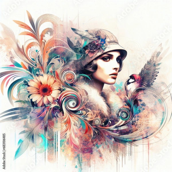 Fototapeta Abstract fantasy illustration featuring a close up portrait of striking 1920's Gatsby girl, pheasant cloche, fur stole, inspired by [Rolf Armstrong, Margaret Keane, Paul Poiret], enveloped in colorful