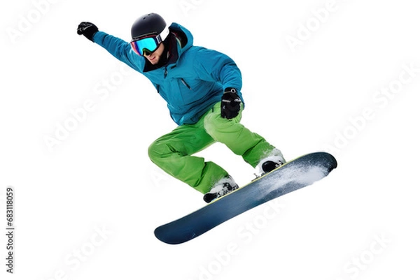 Fototapeta a high quality stock photograph of a single jumping snowboarder full body in a pose isolated on white background
