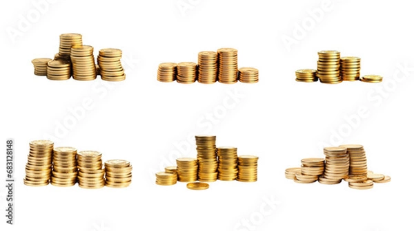 Fototapeta Collection of PNG. Stacks of shiny coins isolated on a transparent background.