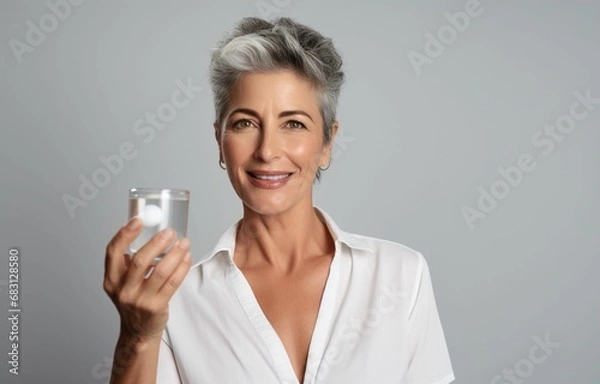 Fototapeta Vibrant Wellness: A Candid Capture of a Happy Middle-Aged 50s Woman, Radiating Joy as She Holds a Pill and Glass, Embracing a Healthy Lifestyle with a Glow of Vitality and Wellbeing 