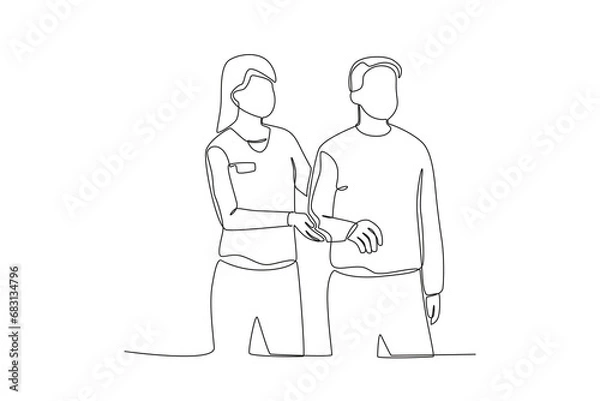 Fototapeta Single continuous line drawing of A female nurse is helping the elderly to do therapy. Medical health care service workers concept one line draw design vector graphic illustration
