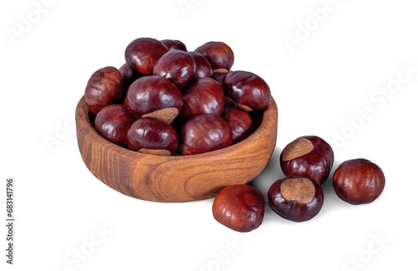 Fototapeta Chestnut in Wooden Plate Isolated on White Background. File with Clipping Path.