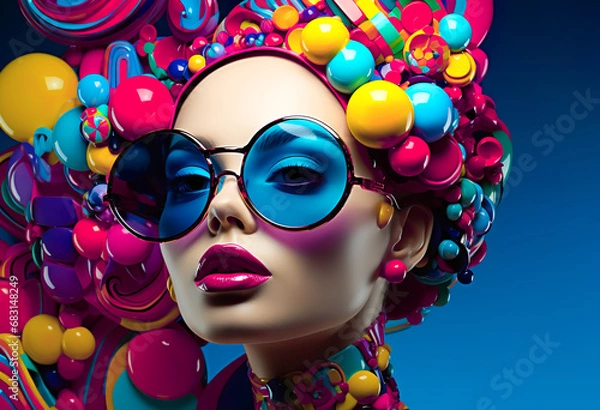 Fototapeta Exotic surrealism woman hair stylish fashion art with clorful plastic line  pattern. inspiration of modern pop art design