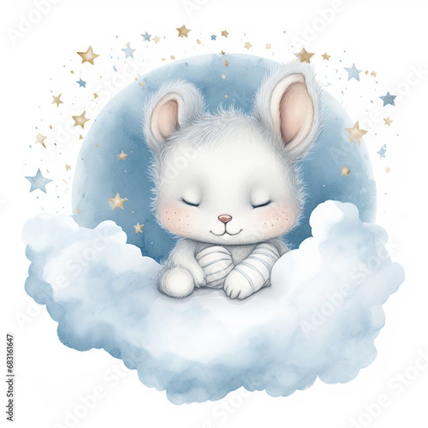 Obraz Cute baby teddy rabbit sleeping on the cloud painted Illustration, Generative Ai
