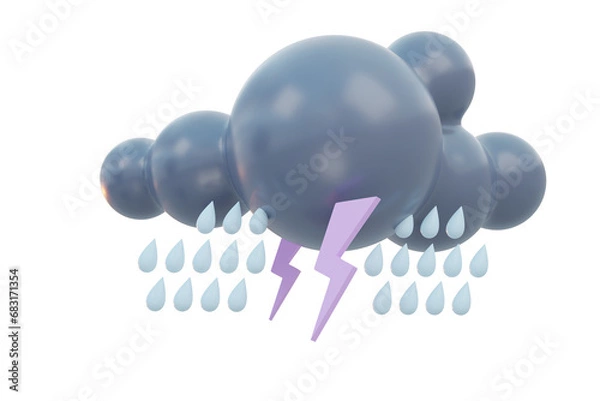 Obraz 3d render strom rain clouds weather concept. Forecast weather 3d cartoon cute icon set mockup .Outdoor nature, spring ,rainy,summer,winter,fall seasons.Weather forecast sign .Meteorological icon.