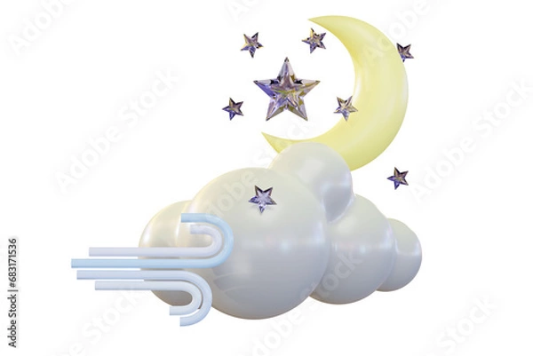 Obraz 3d render illustration yellow rescent moon, shining stars windy and clouds concept. Lullaby dreams cartoon cute icon set mockup. Weather forecast sign. Baby decoration design. Sweet dream products.