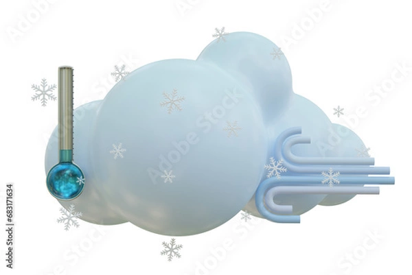 Obraz 3d render illustration snow cloud wind icon. Weather set mockup. Outdoor nature, spring ,rainy, summer, winter, fall seasons.Weather forecast sign. Meteorological icon with temperature show in thermo.